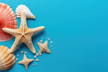 Starfish and seashells on blue background. Ideal for beach-themed designs and decorations.の素材