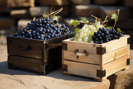 Couple of wooden boxes filled with grapes. Vineyard and wine-related themes.の素材