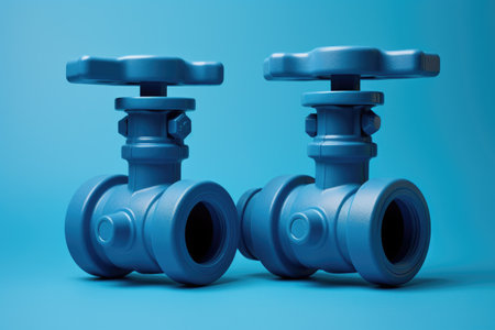 Valves sitting on top of blue surface. Industrial and mechanical concepts.の素材