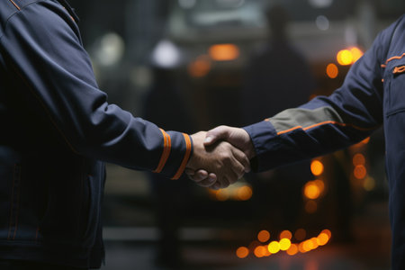 Two men shaking hands in front of the city at night. Business and networking concepts.の素材