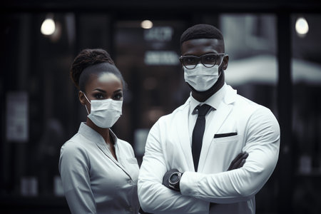 Man and woman wearing face masks. Concepts related to health, safety, protection, and pandemic.の素材