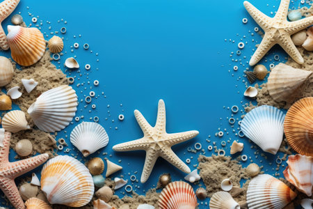 Vibrant blue background featuring shells and starfish. Perfect for beach-themed designs.の素材