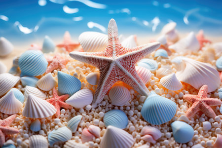 Beautiful starfish surrounded by various shells on sandy beach. Perfect for beach-themed designs and coastal decor.の素材