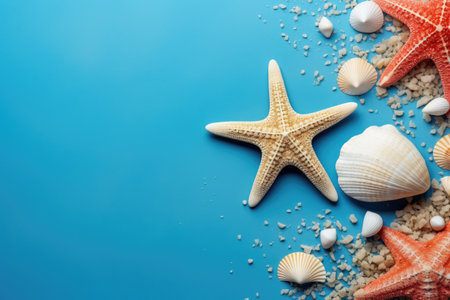 Starfish, shells, and sand on blue background. Perfect for beach-themed designs or summer promotions.の素材