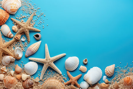 Group of sea shells and starfish on blue background. Perfect for beach-themed designs.の素材