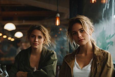 Two women sitting at table in restaurant. Suitable for food and dining-related content.の素材