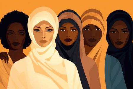Group of women wearing headscarves and scarves. This versatile image can be used to depict diversity, culture, fashion, or religious practices.の素材
