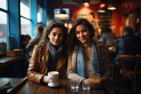 Two women sitting at table with cup of coffee. Suitable for various lifestyle and friendship-themed projects.の素材