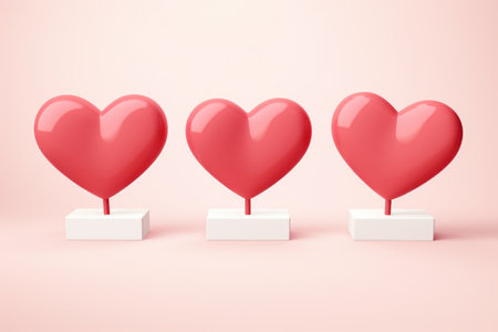 Three red heart-shaped balloons on white stand. Suitable for various occasions and celebrations.の素材