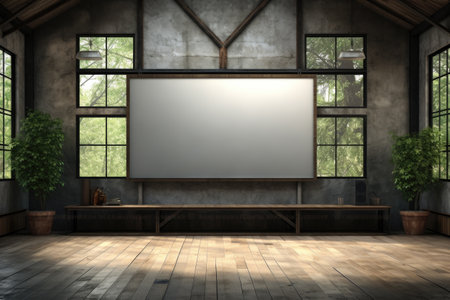Empty room featuring large screen. Versatile image that can be used for presentations, movie screenings, or interactive displays.の素材