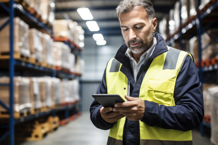 Man standing in warehouse looking at tablet. Suitable for business, technology, and logistics concepts.の素材