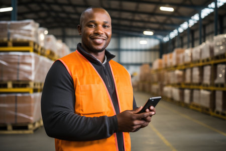 Man in orange vest holding cell phone. Suitable for technology-related projects.の素材