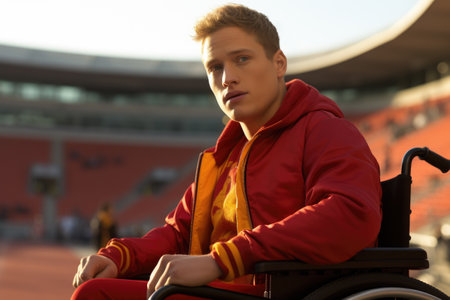 Man wearing red jacket seated in wheelchair. Suitable for various contexts and themes.の素材
