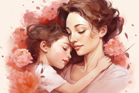 Beautiful painting of woman holding child. Perfect for depicting bond between mother and her child. Ideal for use in family-oriented projects.の素材