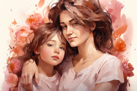 Heartwarming painting capturing bond between mother and daughter. Perfect for illustrating love and connection within family.の素材