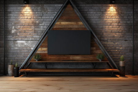 TV mounted on brick wall in room. Can be used to depict modern home entertainment or interior design.の素材