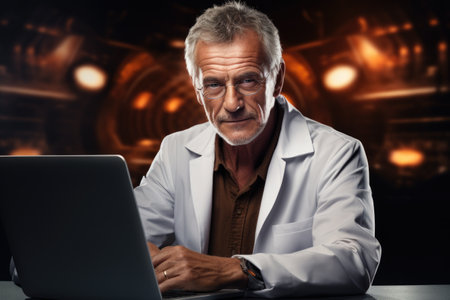Man in lab coat is seen using laptop. This image can be used to depict scientist or researcher working in laboratory setting.の素材