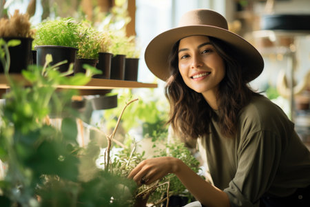 Woman wearing hat sits in front of shelf filled with plants. This image can be used to showcase gardening, interior design, or nature-inspired lifestyle.の素材