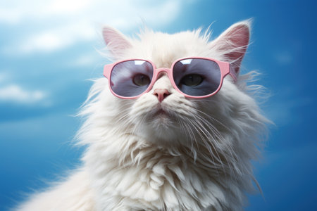 White cat wearing pink sunglasses against blue sky. Perfect for summertime and pet-themed designs.の素材