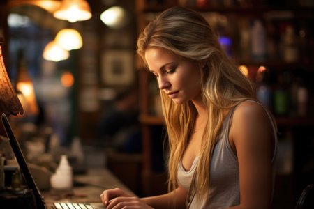 Woman is using laptop computer to type. This image can be used to illustrate working from home, technology, online communication, or digital lifestyle.の素材