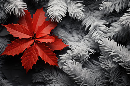 Vibrant red maple leaf is perched on top of tree. This image can be used to symbolize the beauty of autumn or as representation of nature and changing seasons.の素材