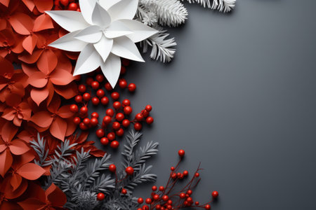 Festive Christmas background featuring red and white paper flowers. Perfect for holiday designs and decorations.の素材