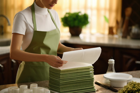 Woman in green apron holding stack of papers. Suitable for use in office or administrative settings.の素材