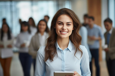 Woman holding tablet in front of group of people. Perfect for presentations and team meetings.の素材