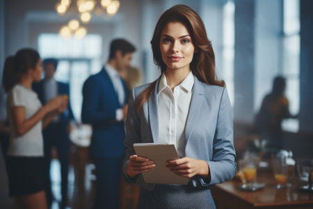Professional woman in business suit holding tablet. Ideal for corporate, technology, and communication concepts.の素材