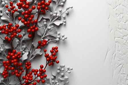 Detailed view of plant featuring vibrant red berries. Perfect for nature enthusiasts or for adding pop of color to any design.の素材