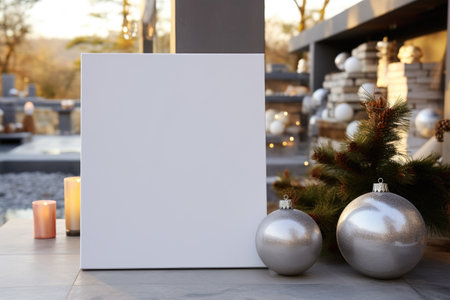 Picture frame is placed on table alongside various Christmas ornaments. This image can be used to showcase cherished memories during holiday season.の素材