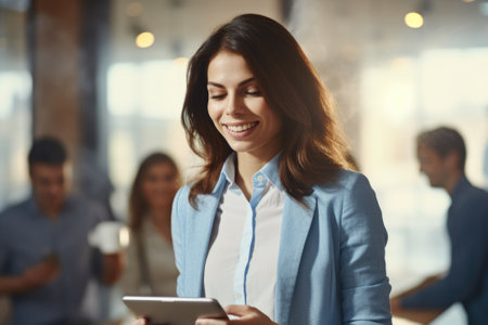 Woman wearing blue blazer is focused on tablet screen. This versatile image can be used to represent technology, business, or communication.の素材