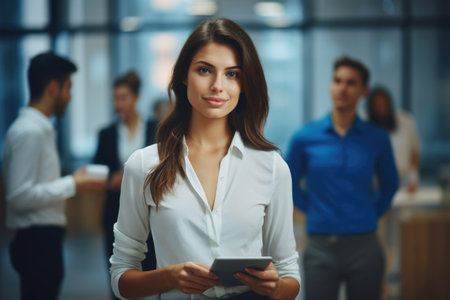 Woman in white shirt holding tablet. Suitable for technology-related projects.の素材