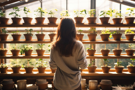 Woman stands in front of shelf filled with various potted plants. This image can be used to depict gardening, plant care, or interior decoration.の素材