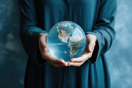 Person holds glass globe in their hands. This image can be used to represent concepts such as world, travel, exploration, environment, and global connectivity.の素材