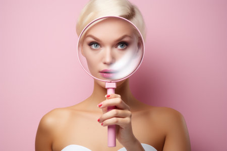 Woman holding magnifying mirror in front of her face. Ideal for beauty and skincare concepts.の素材