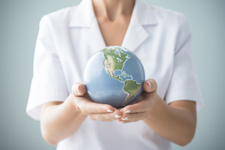 Woman holding globe in her hands. Suitable for educational and environmental themes.の素材