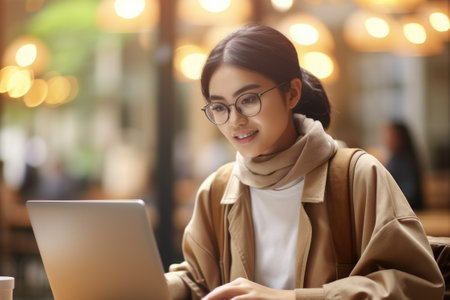 Woman sitting in front of laptop computer. Technology, work, and remote working concepts.の素材