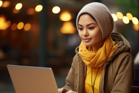 Woman sitting at table using laptop computer. Suitable for business, technology, or remote work concepts.の素材