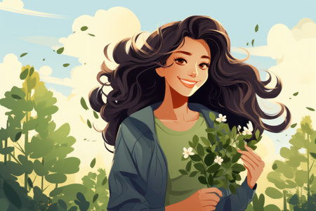 Woman holding bunch of flowers in field. Perfect for nature or gardening themes.の素材
