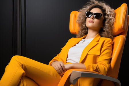 A woman sitting in a chair wearing sunglasses. Versatile image for fashion, relaxation, or outdoor activities.の素材