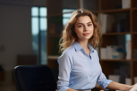 A woman sitting at a desk in front of a computer. Ideal for illustrating concepts related to technology, remote work, productivity, and office environment.の素材