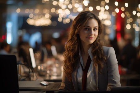 Woman is sitting in front of laptop computer. This image can be used to depict a variety of concepts related to technology, work, remote work, online communication, and productivity.の素材