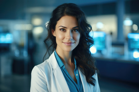 Woman wearing lab coat poses for professional picture. Suitable for scientific or medical publications.の素材