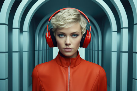 Woman wearing headphones stands in hallway. Perfect for illustrating music, relaxation, or personal space.の素材