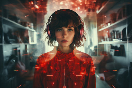 Woman standing in room illuminated by red lights. Perfect for creating mysterious and captivating atmosphere.の素材