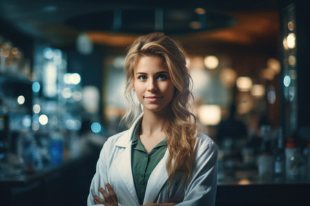 Woman wearing lab coat poses for picture. This versatile image can be used to represent scientific research, medical professions, or educational settings.の素材