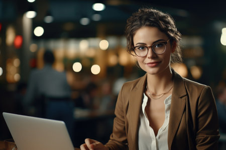 Woman is sitting at table with laptop. This image can be used to represent working from home or in coffee shop.の素材