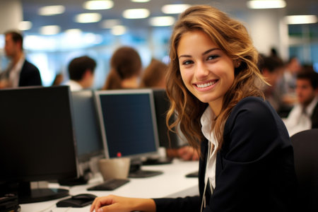 Woman is seated in front of computer monitor. This image can be used to depict concepts such as technology, work, internet, or office setting.の素材