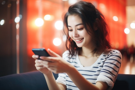 Woman sitting on couch, focused on her smart phone. Perfect for illustrating modern technology and digital connectivity.の素材